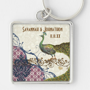 Vintage Peacock Navy Raspberry Damask Key Chain