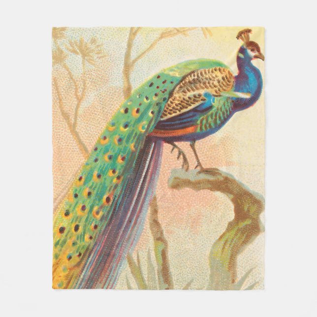Vintage Peacock on a branch painting Fleece Blanket (Front)