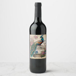 Vintage Peacock on Bird Cage Victorian Wine Label