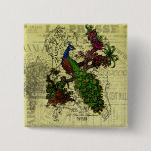 Vintage Peacock on Branch Apparel and Gifts 15 Cm Square Badge