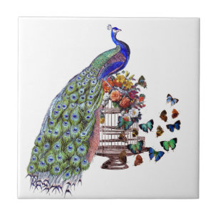 Vintage Peacock on cage Tile