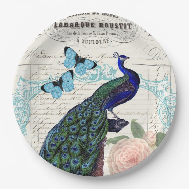 Vintage Peacock on French Ephemera Collage Paper Plate (Front)