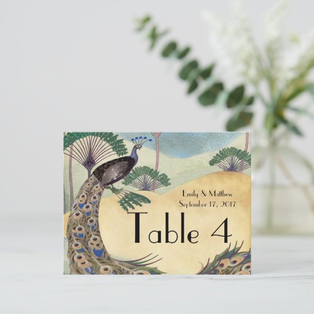 Vintage Peacock & Palm Tree Wedding Number Card (Standing Front)