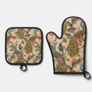 Vintage Peacock Pattern Colourful Art Oven Mitt & Pot Holder Set