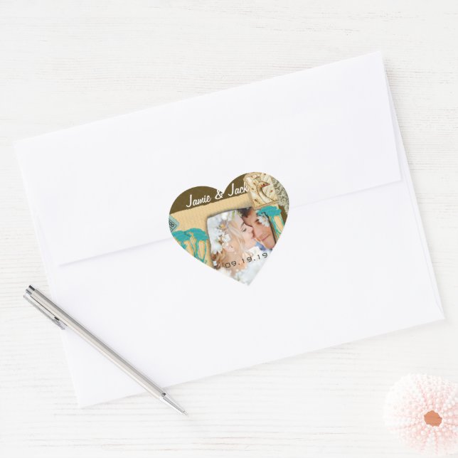 Vintage Peacock Photo Collage Heart Sticker (Envelope)