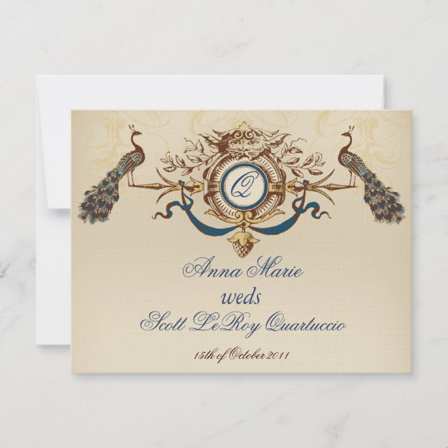 Vintage Peacock Reception Card Horizontal (Front)