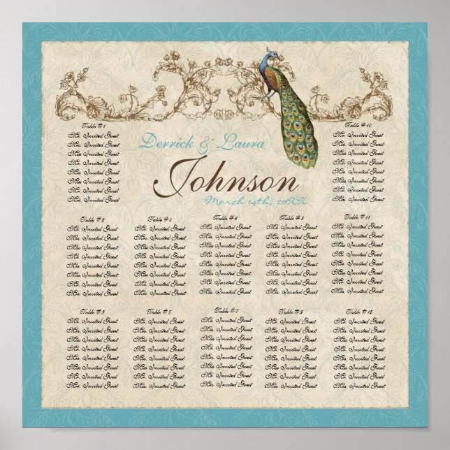 Vintage Peacock Reception Table Seating Chart (Front)
