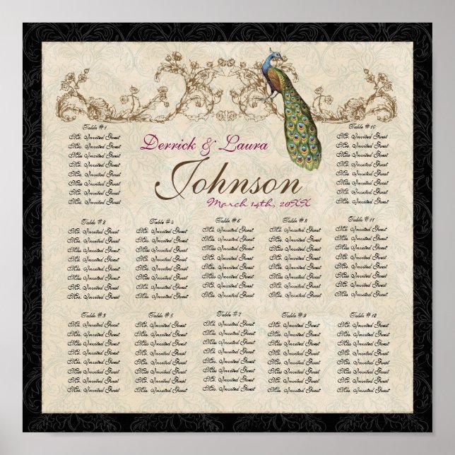 Vintage Peacock Reception Table Seating Chart (Front)