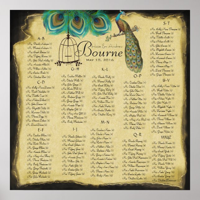 Vintage Peacock Seating Chart around 130 guests (Front)