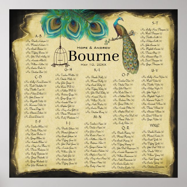 Vintage Peacock Seating Chart Max 150 guests (Front)