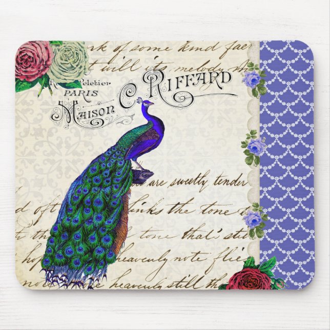 Vintage Peacock Song Collage Mouse Mat (Front)