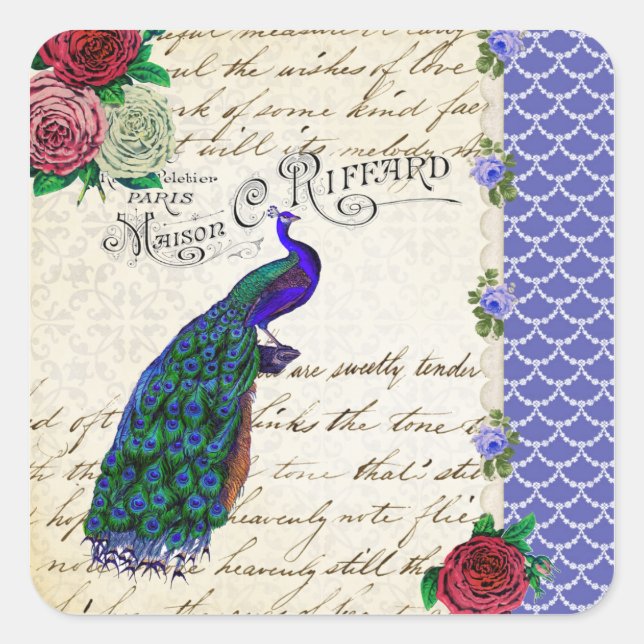 Vintage Peacock Song Collage Square Sticker (Front)