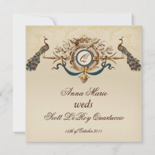 Vintage Peacock Square Wedding Invitation Linen #5