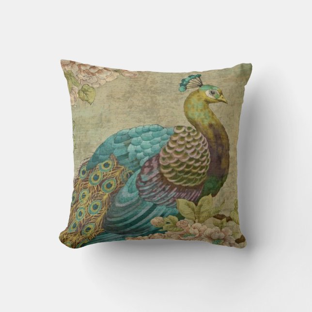 Vintage Peacock Throw Pillow (Front)