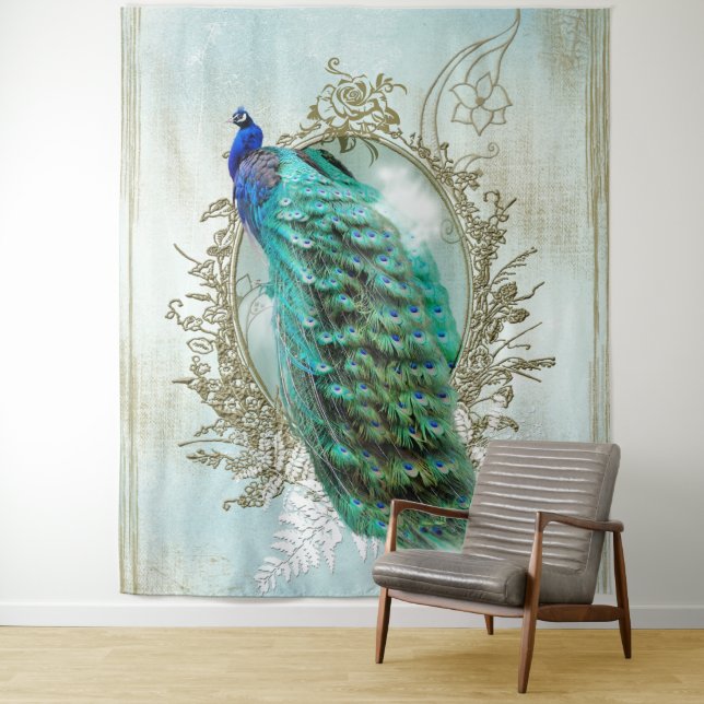 Vintage peacock turquoise shabby chic Tapestry (In Situ)