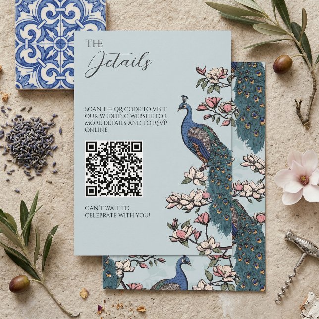 Vintage Peacock Wedding Details QR Code Enclosure Card (modern peacock chinoiserie wedding details QR code enclosure card with original ink peacock drawing)