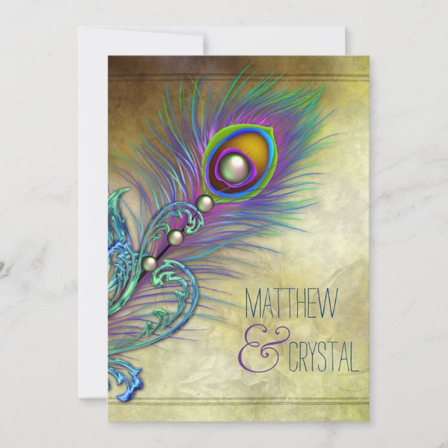 Vintage Peacock Wedding Invitation (Front)