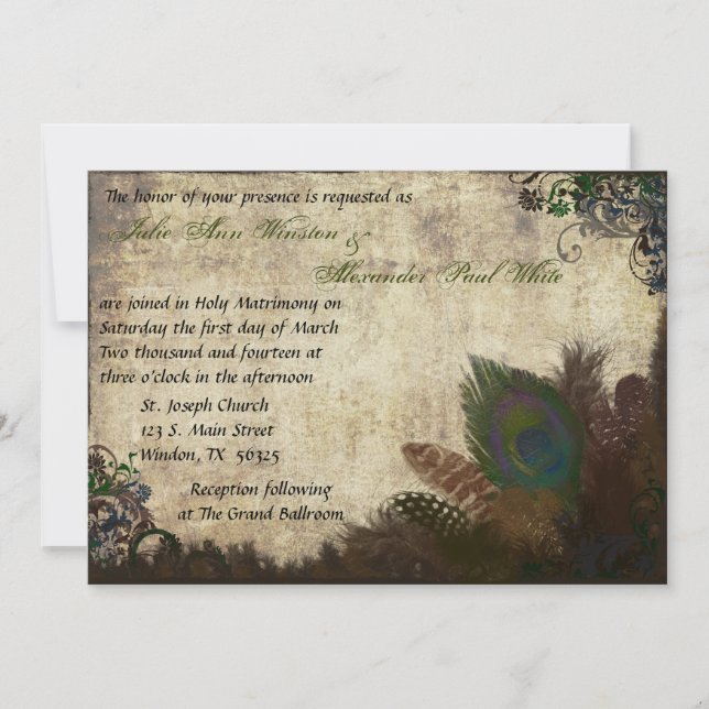Vintage Peacock Wedding Invitation (Front)