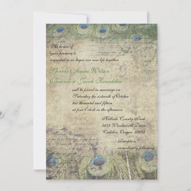 Vintage Peacock Wedding Invitation (Front)