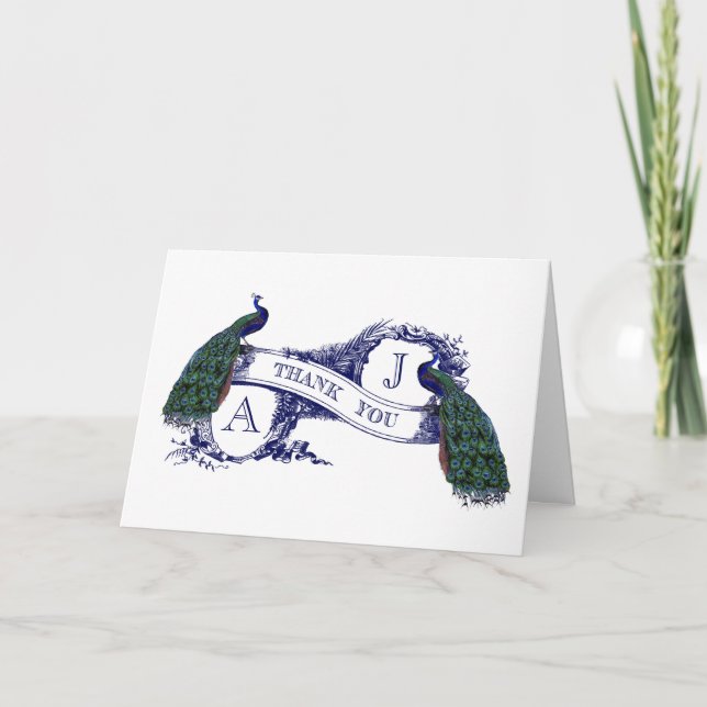 Vintage Peacock Wedding Thank You Card (Front)