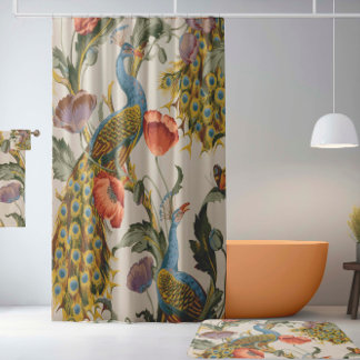 Vintage Peacock with Pink and Purple Poppies  Shower Curtain