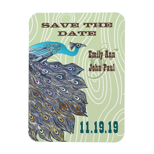 Vintage Peacock Woodgrain Save the Date Magnet (Vertical)