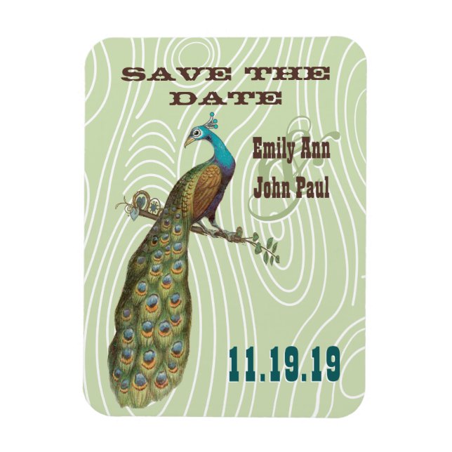 Vintage Peacock Woodgrain Save the Date Magnet (Vertical)