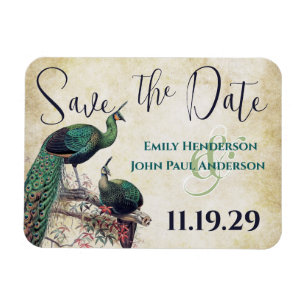 Vintage Peacock Woodgrain Save the Date Magnet
