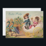 Vintage Peacocks & Egg Carriage Easter Party Invitation<br><div class="desc">Elegant Easter Party Easter Egg Hunt invitations with a whimsical vintage illustration of two cute chic blue peacocks pulling a pretty cracked egg carriage with a Victorian boy and girl in their colourful Sunday best outfits. On the reverse of these beautiful fun invites is a glamourous printed antique pearls and...</div>