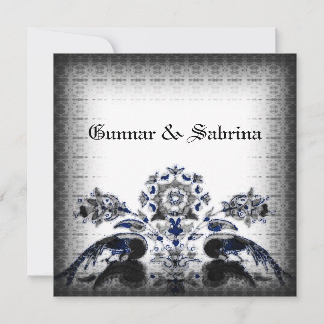 Vintage Peacocks & Floral Blue Goth Wedding Invitation (Front)