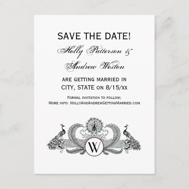 Vintage Peacocks Monogram Announcement Postcard (Front)