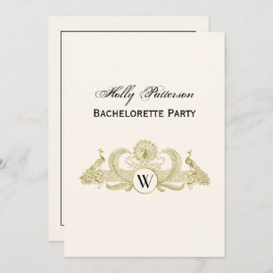 Vintage Peacocks Monogram Faux Gold Ivory BG Invitation