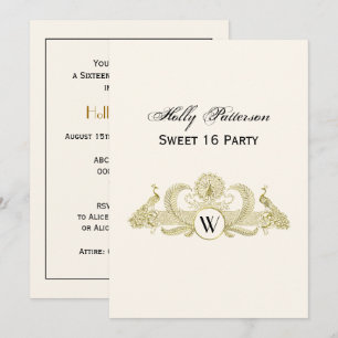 Vintage Peacocks Monogram Faux Gold Ivory BG Invitation