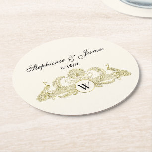 Vintage Peacocks Monogram Faux Gold Ivory BG Round Paper Coaster