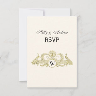 Vintage Peacocks Monogram Faux Gold Ivory BG RSVP Card