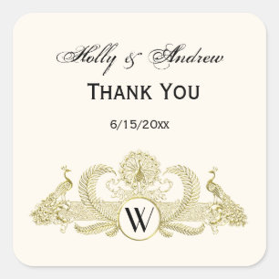 Vintage Peacocks Monogram Faux Gold Ivory BG Square Sticker