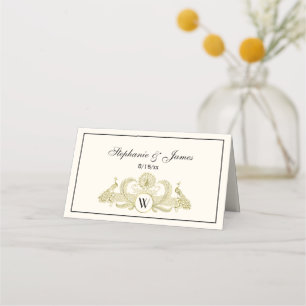 Vintage Peacocks Monogram Ivory BG Faux Gold Place Card