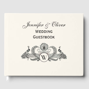 Vintage Peacocks Monogram Ivory BG Guest Book