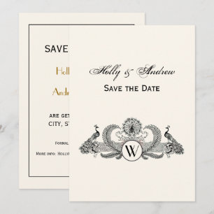 Vintage Peacocks Monogram Ivory BG Invitation