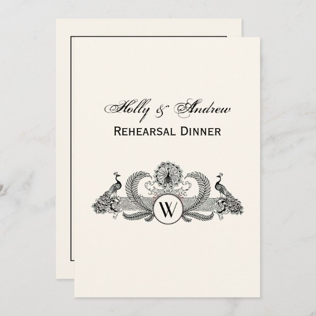 Vintage Peacocks Monogram Ivory BG Invitation (Front/Back)