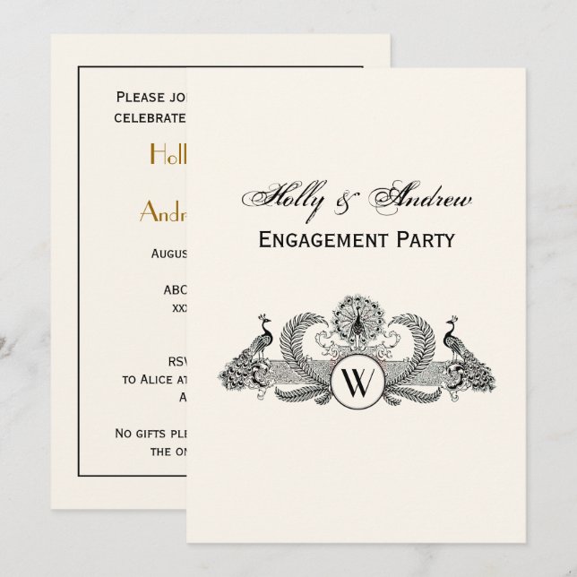 Vintage Peacocks Monogram Ivory BG Invitation (Front/Back)