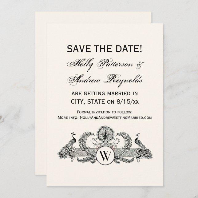 Vintage Peacocks Monogram Ivory BG Invitation (Front/Back)