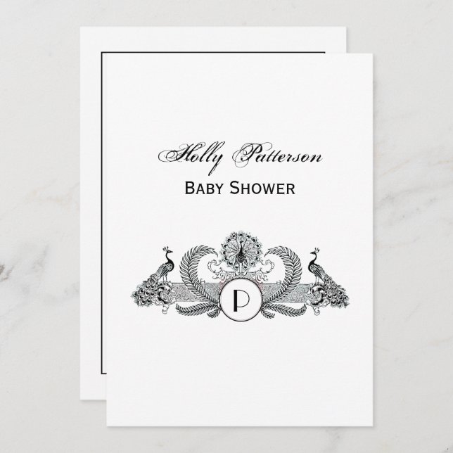 Vintage Peacocks Monogram Ivory BG Invitation (Front/Back)