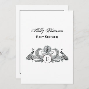 Vintage Peacocks Monogram Ivory BG Invitation