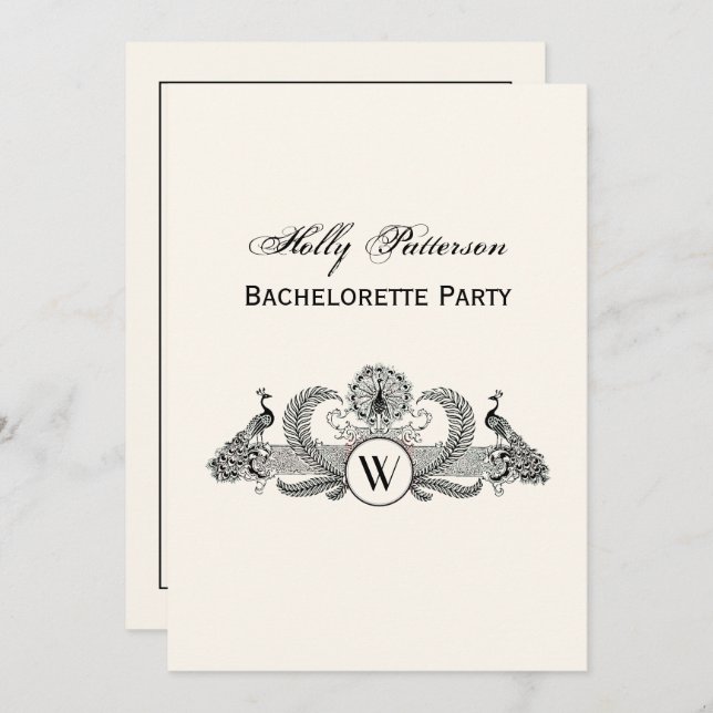Vintage Peacocks Monogram Ivory BG Invitation (Front/Back)