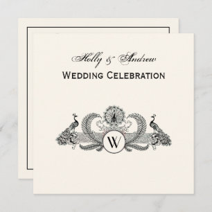Vintage Peacocks Monogram Ivory BG Invitation