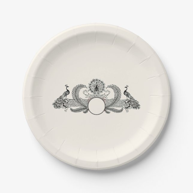 Vintage Peacocks Monogram Ivory BG Paper Plate (Front)