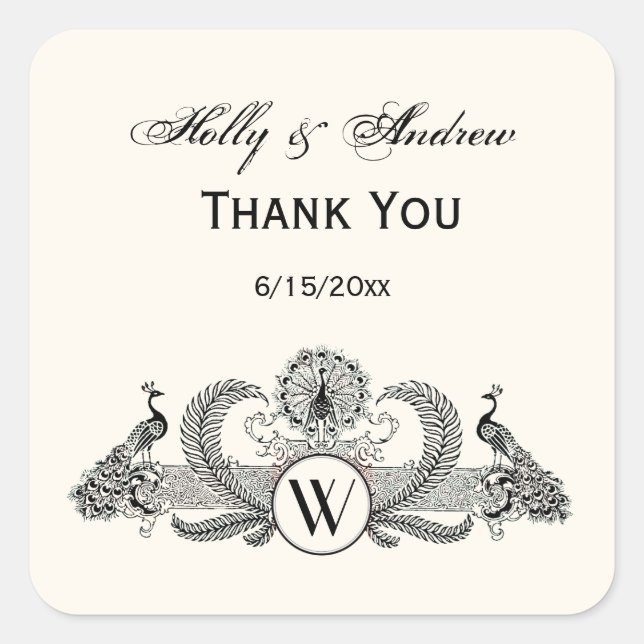Vintage Peacocks Monogram Ivory BG Square Sticker (Front)