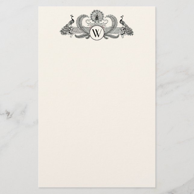Vintage Peacocks Monogram Ivory BG Stationery (Front)