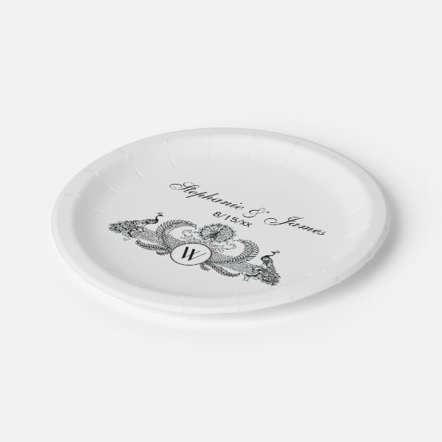 Vintage Peacocks Monogram Paper Plate (Angled)